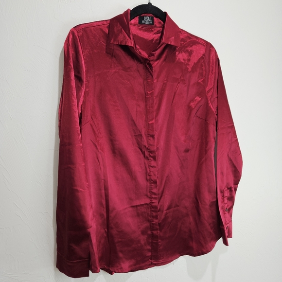 Lucca Wildfang Satin Shirt Button Up Long Sleeve Blouse Maroon Red Silky Small - Picture 5 of 16